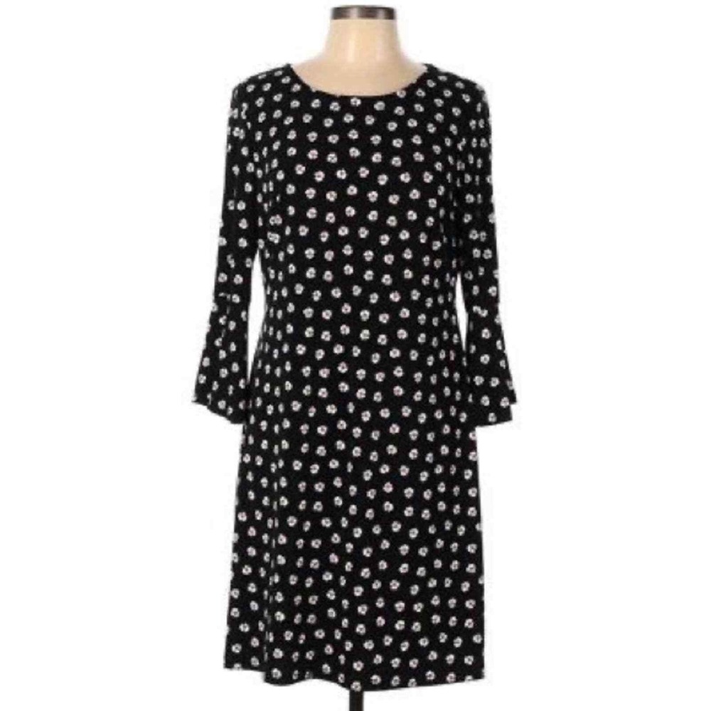 Tommy Hilfiger Retro Mod Floral Print 3/4 Bell Sl Dress Black White Red & Tan M